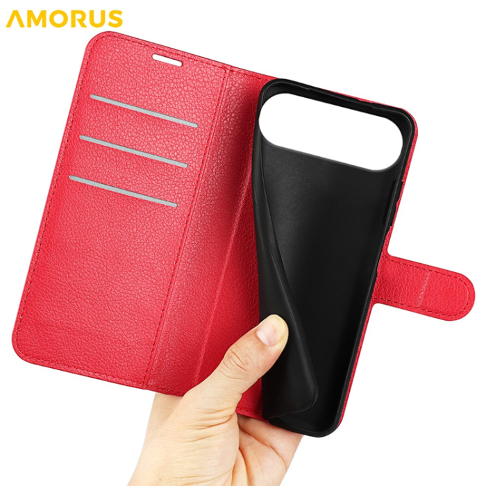 Amorus - AMORUS iPhone Air Plånboksfodral Flipstativ Litchi - Röd