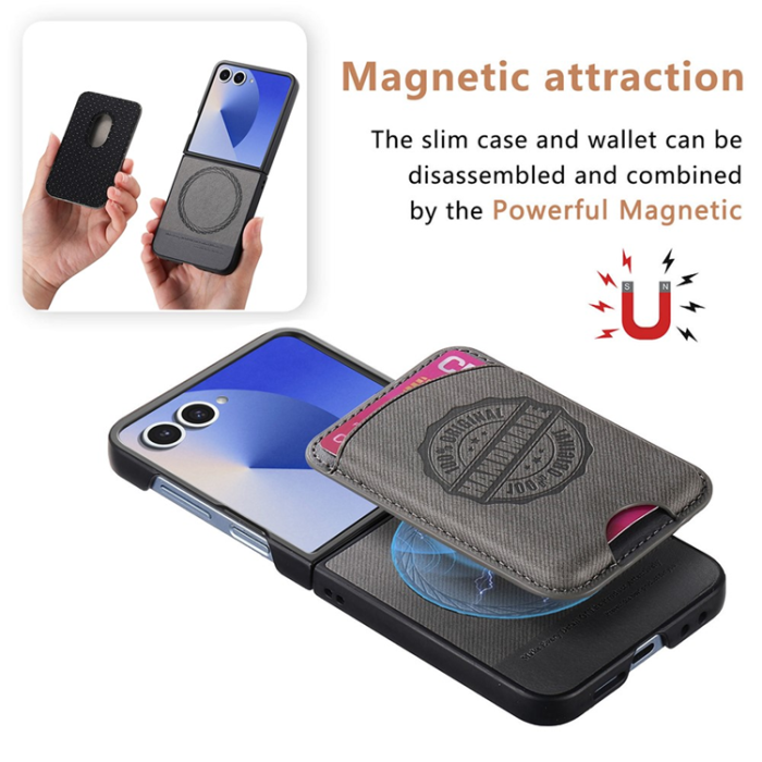 A-One Brand - Galaxy Z Flip 7 Mobilskal MagSafe Korthållare Denim Läder - Grå