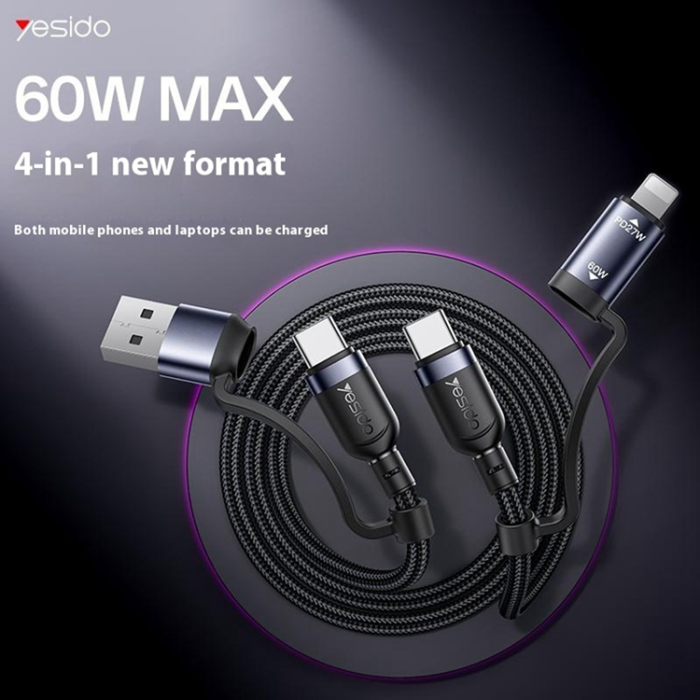 Yesido - YESIDO 4in1 USB - 2x USB-C/Lightning 60W kabel 8-pin 1.2m