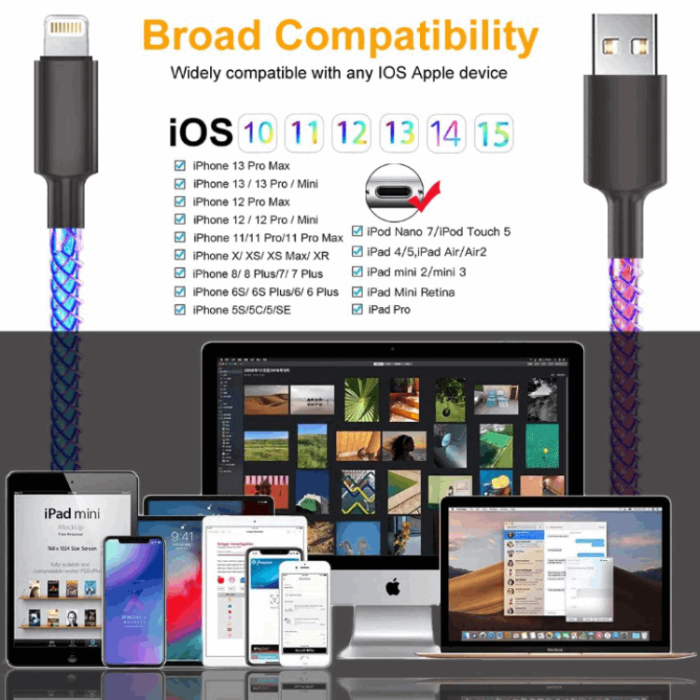 A-One Brand - RGB Lightning Till USB-A Kablar 1m - Flerfärgad