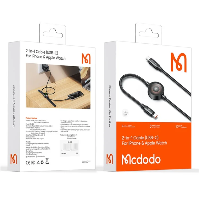 MCDODO - MCDODO 2in1 USB-C - USB-C Kabel 1.5M med Watch Trådlös Laddare