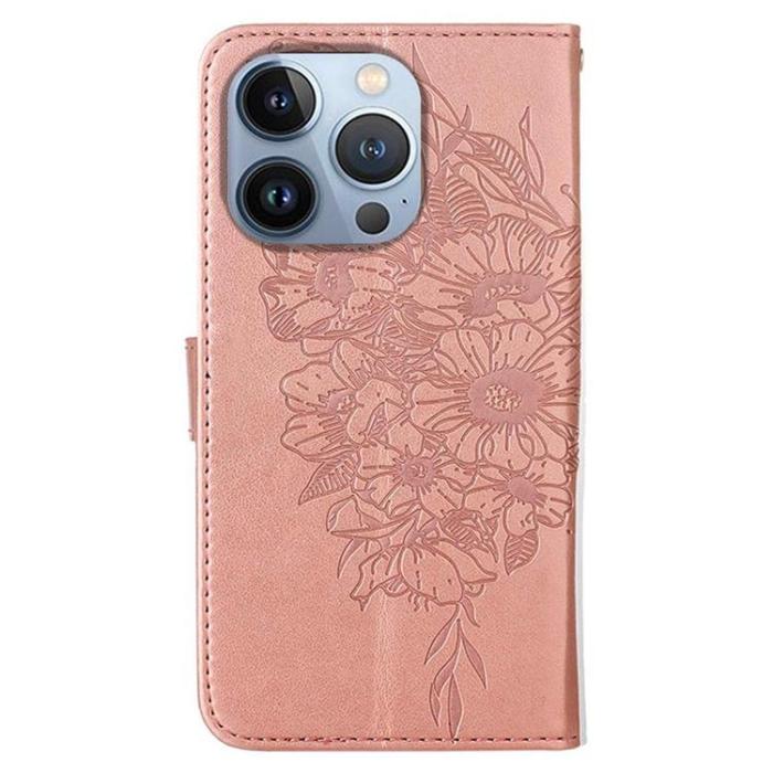 OEM - iPhone 14 Pro Max Plånboksfodral Butterfly Flower Imprinted - Rosa Guld