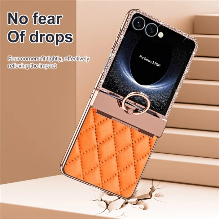 A-One Brand - Galaxy Z Flip 7 Mobilskal Rhinestone Ringhållare - Orange