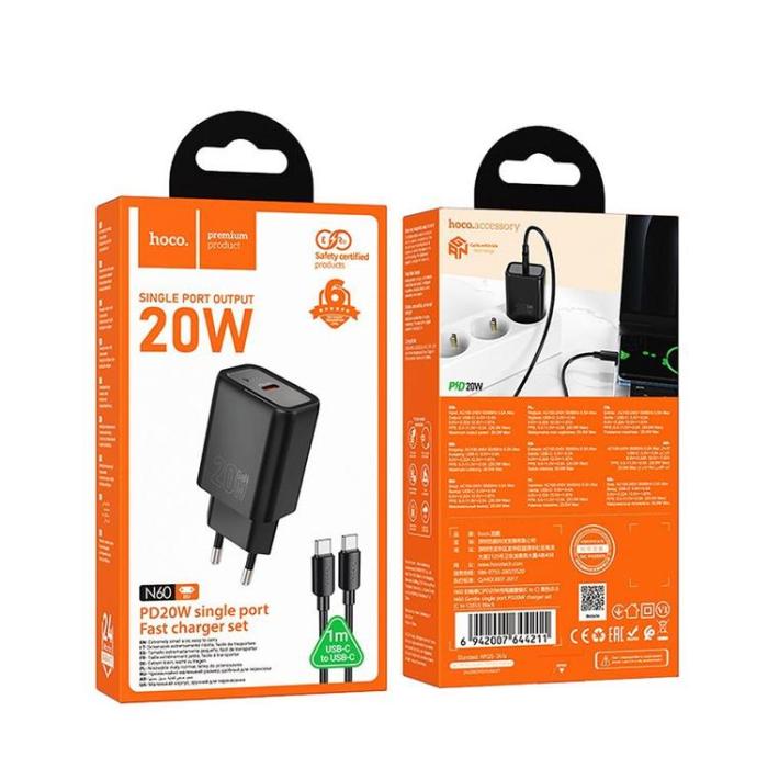 Hoco - HOCO Väggladdare USB-C 20W USB-C/Lightning Kabel PD QC N60