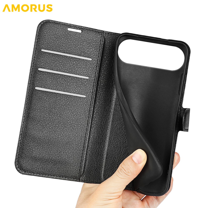Amorus - AMORUS iPhone Air Plånboksfodral Flipstativ Litchi - Svart