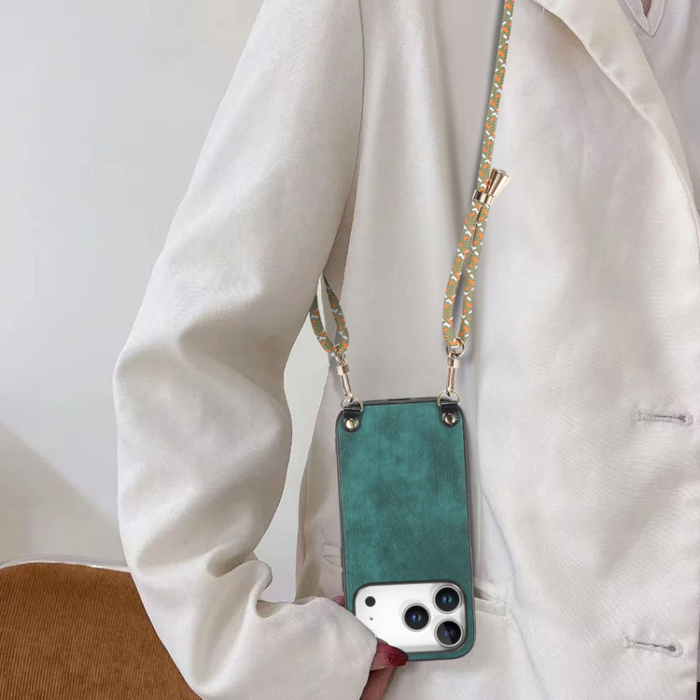 A-One Brand - iPhone 17 Pro Mobilskal med Justerbar Rem Retro Läder - Grön