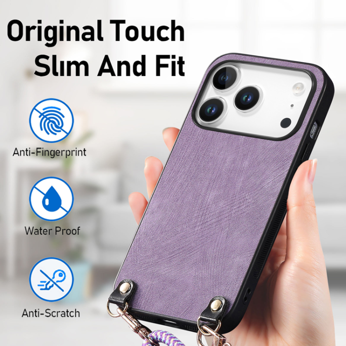 A-One Brand - iPhone 17 Pro Mobilskal med Justerbar Rem Retro Läder - Lila