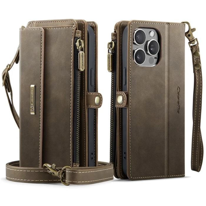 Caseme - Caseme iPhone 14 Pro Plånboksfodral RFID Blocking Zipper - Brun