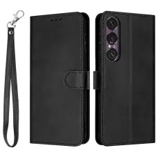 A-One Brand - Sony Xperia 1 VII Konstl&auml;der Pl&aring;nboksfodral Calf Texture Med Rem - Svart