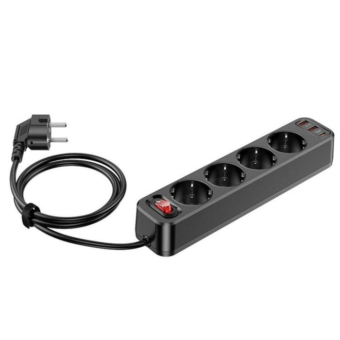 Hoco - Hoco Grenuttag Förlängningskabel 2xUSB-A 1xUSB-C PD QC3.0 3A 20W - Svart