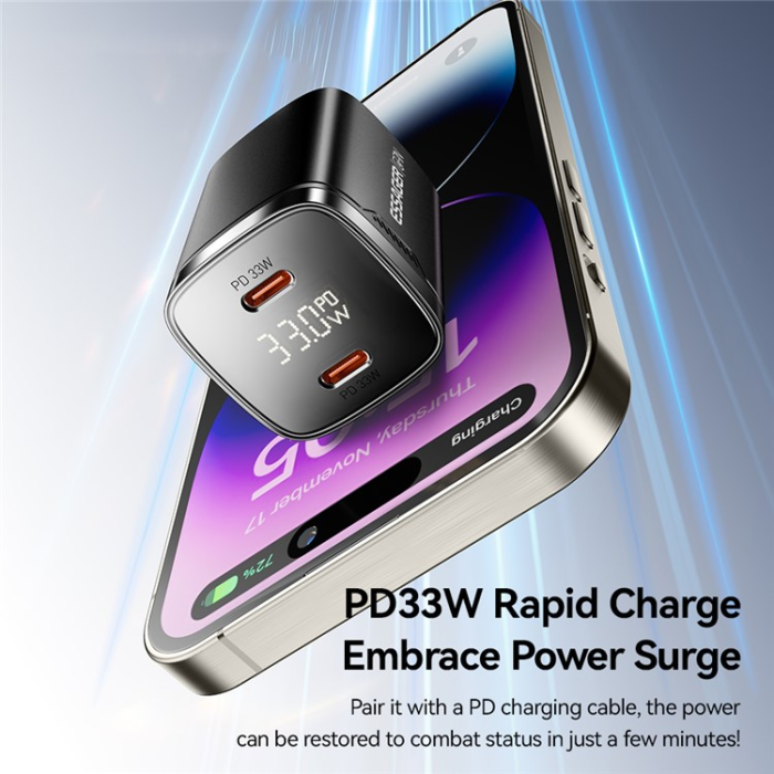 ESSAGER - ESSAGER GaN Snabbladdare 33W 2x USB-C med LED US - Vit