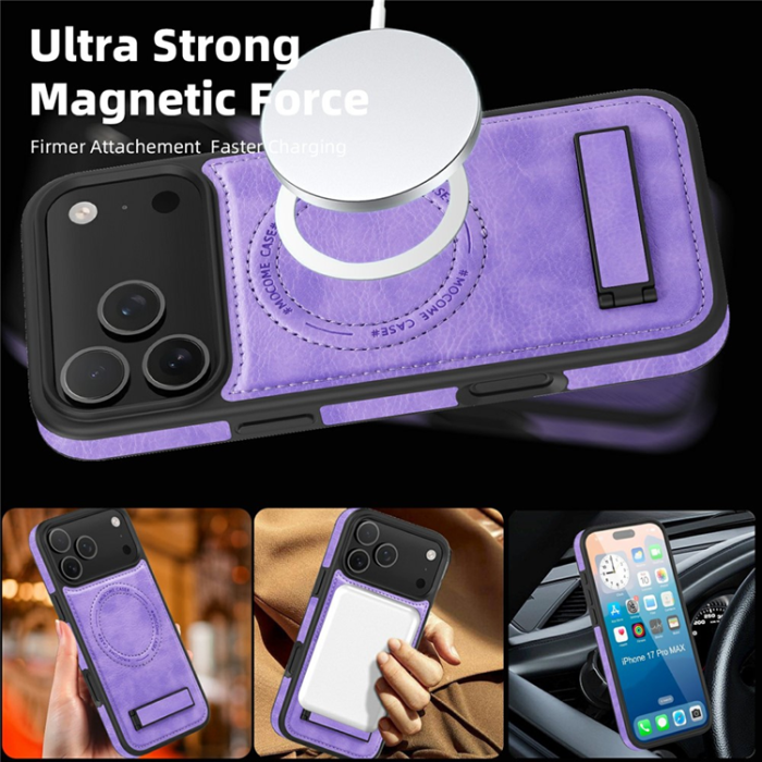A-One Brand - iPhone 17 Pro Max Mobilskal MagSafe Kickstand Läder - Ljuslila