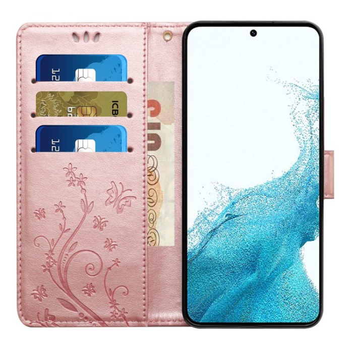 A-One Brand - Galaxy S23 Plånboksfodral Imprinting Flower Butterfly - Rosa Guld