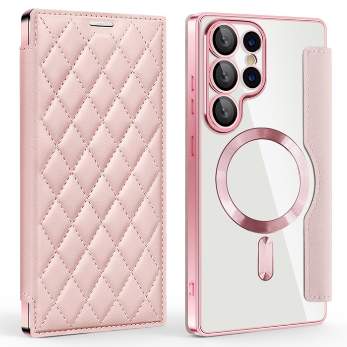 A-One Brand - Galaxy S25 Ultra Plånboksfodral MagSafe Rhombus Läder - Rosa