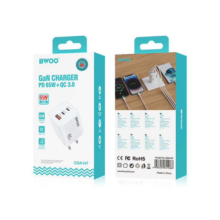 BWOO - BWOO GaN Väggladdare 65W 2xUSB-C 1xUSB-A - Vit