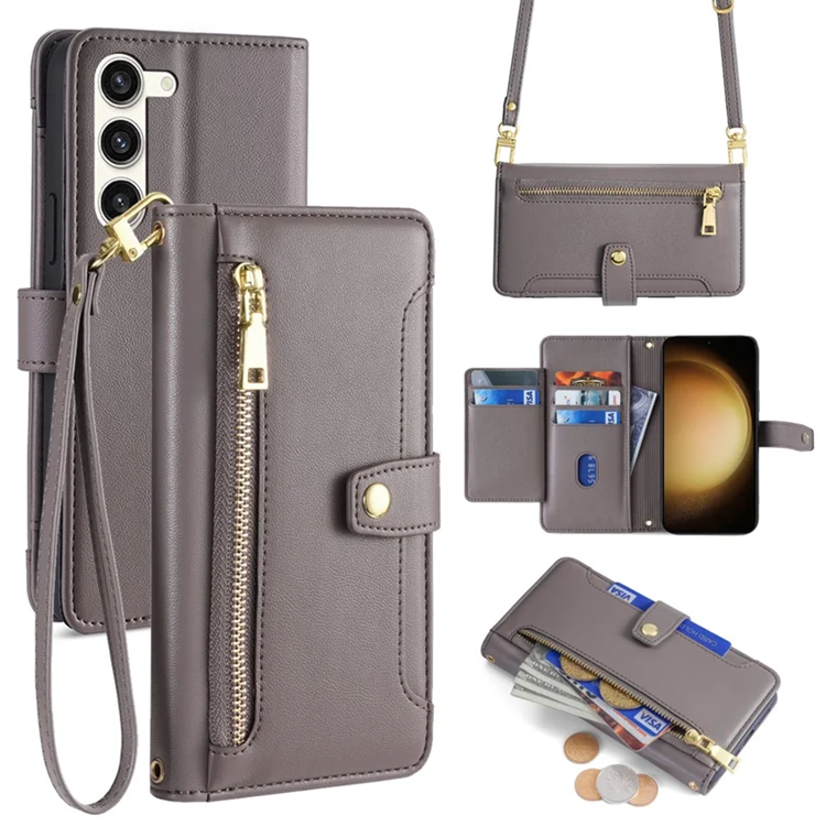 Galaxy S23 Plus Konstläder Plånboksfodral Crossbody - Grå (Grå) | 2353 | AlltMobil