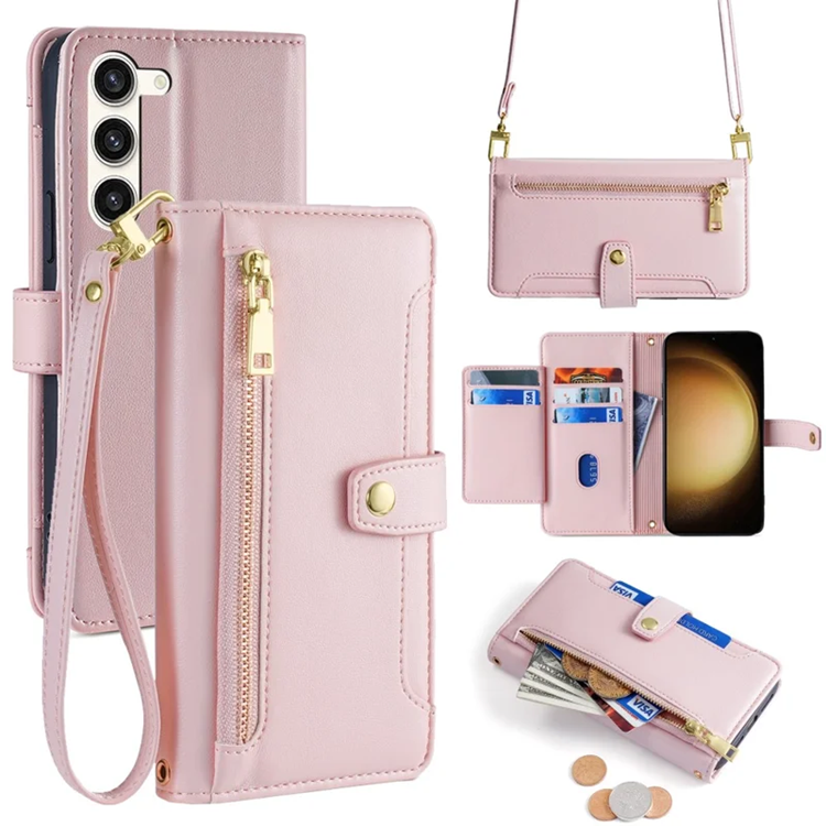 Galaxy S23 Plus Konstläder Plånboksfodral Crossbody - Rosa (Rosa) | 2353 | AlltMobil