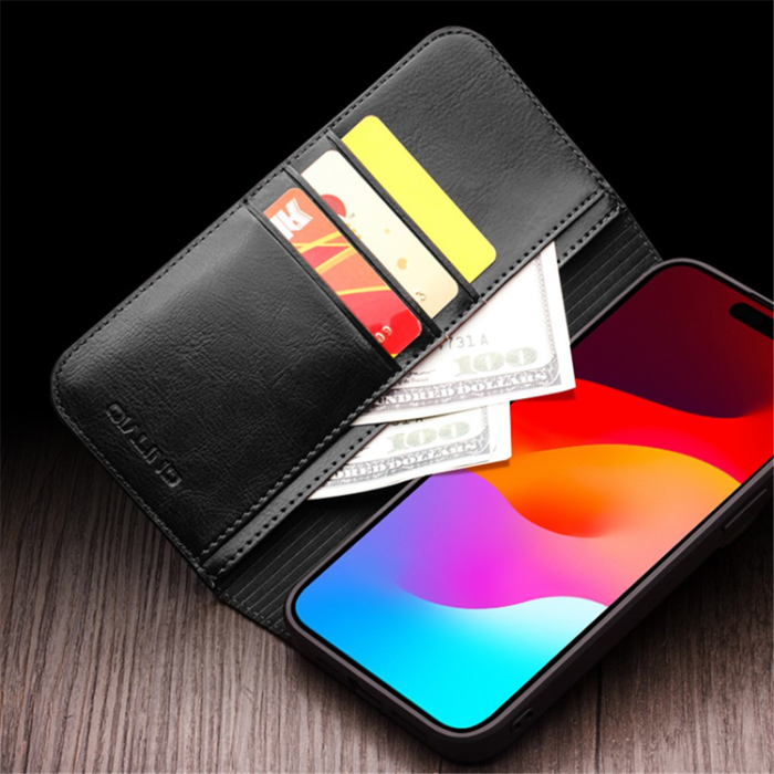 QIALINO - Qialino iPhone 15 Plånboksfodral Äkta Läder Cowhide - Svart