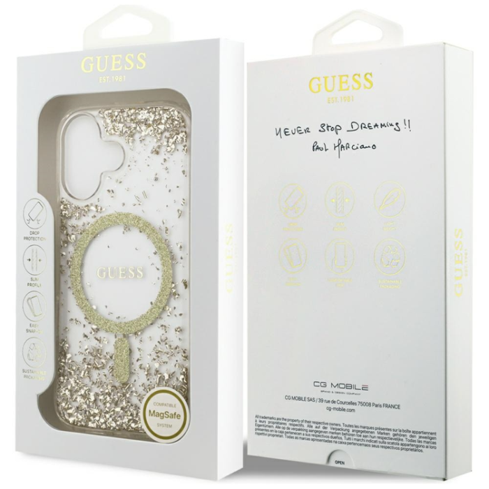 Guess - Guess iPhone 17 Mobilskal Magsafe Resin Bottom Glitter - Guld