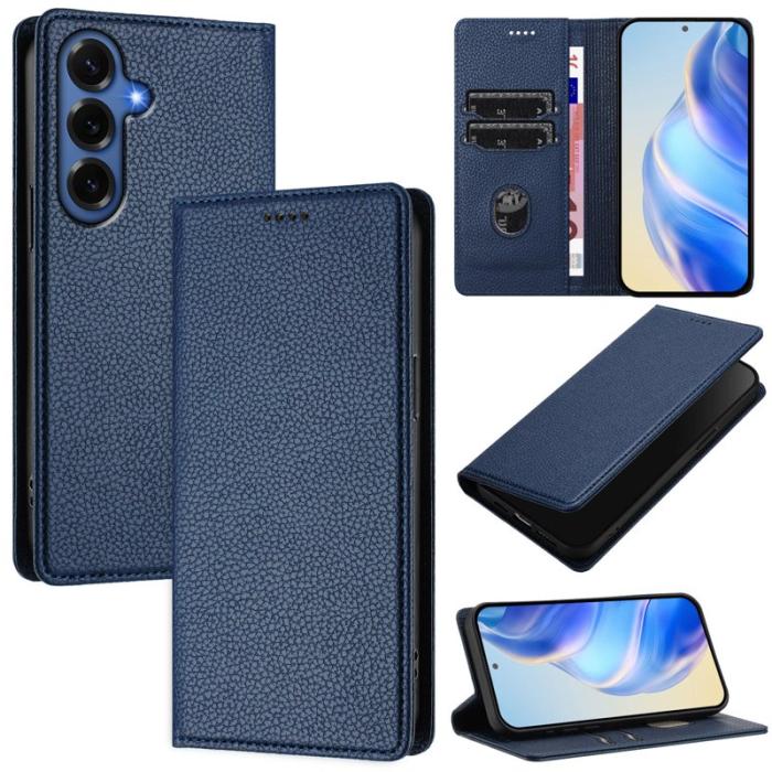 OEM - Litchi Samsung Galaxy S26 Plus Fodral Äkta Läder RFID Skydd - Mörkblå