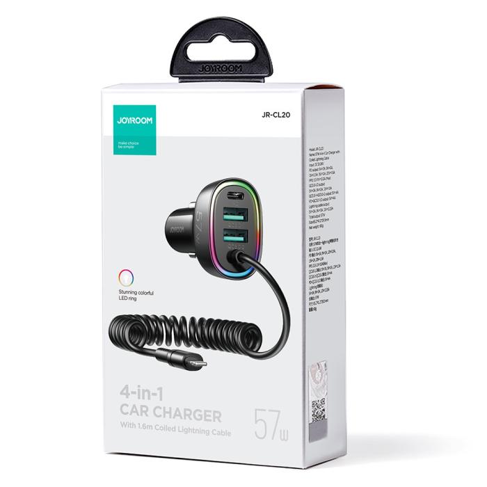 Joyroom - Joyroom 4 i 1 Billaddare med Lightning Kabel 1.6m - Svart