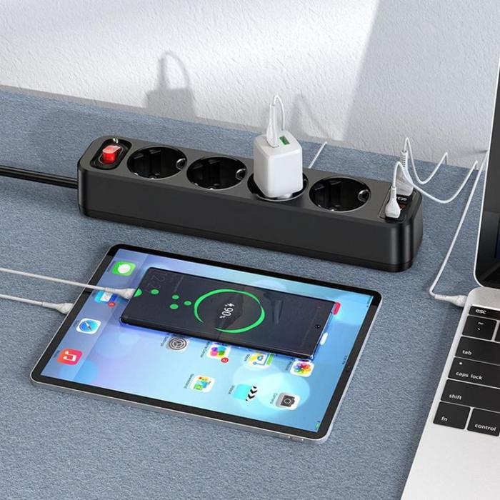 Hoco - Hoco Grenuttag Förlängningskabel 2xUSB-A 1xUSB-C PD QC3.0 3A 20W - Svart