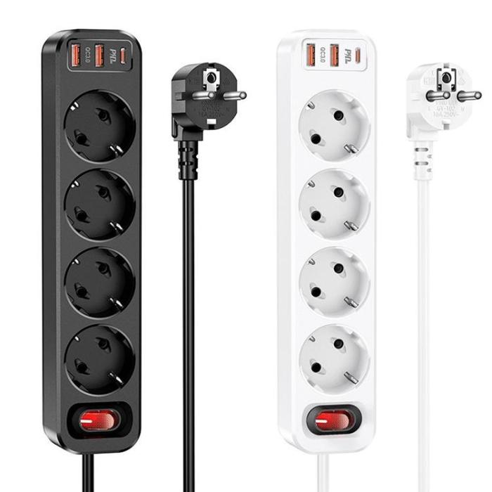 Hoco - Hoco Grenuttag Förlängningskabel 2xUSB-A 1xUSB-C PD QC3.0 3A 20W - Vit