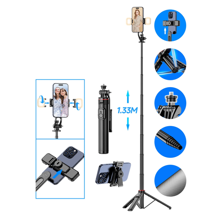 OEM - Selfiestick Teleskopstativ 1.3m Auminiumlegering Med Dubbel Lampa