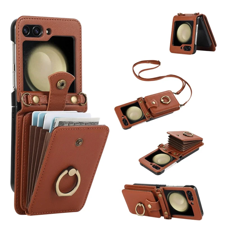 Galaxy Z Flip7 Plånboksfodral Ring Kickstand med Lång rem - Brun | 2353 | AlltMobil