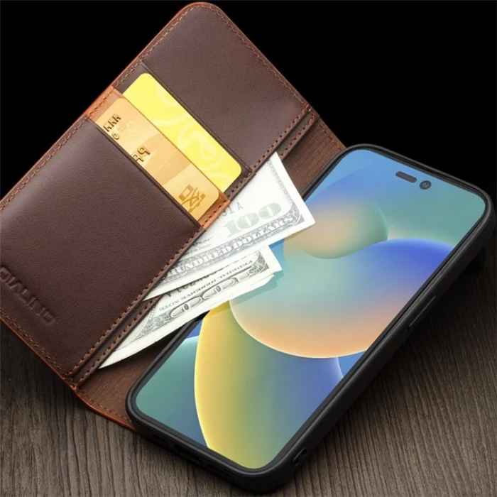 QIALINO - Qialino iPhone 15 Plånboksfodral Äkta läder - Brun