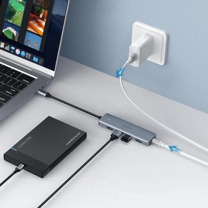 Ugreen - Ugreen USB Type C HUB - 4x USB 3.2 Gen 1 med USB-C Strömport - Svart