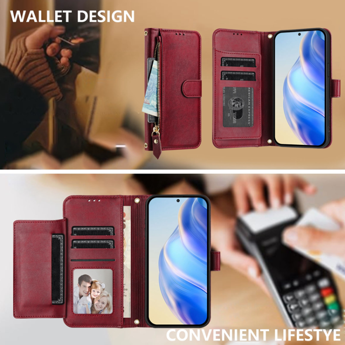A-One Brand - iPhone 17 Pro Plånboksfodral Zipper Pocket Läder - Röd