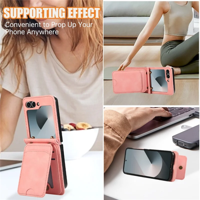 A-One Brand - Galaxy Z Flip7 Plånboksfodral Kickstand med Axelrem - Rosa