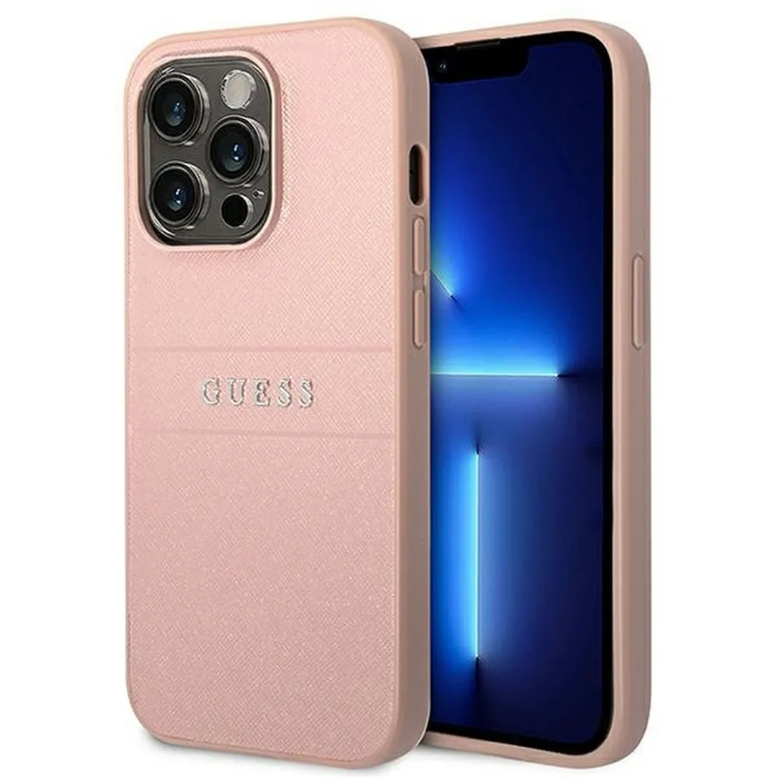 Guess - GUESS iPhone 14 Pro Max Skal Glitter Flakes Script Metal Logo - Rosa