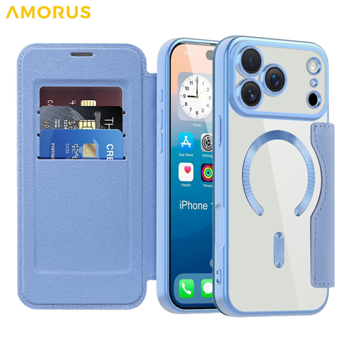 Amorus - AMORUS iPhone 17 Pro Max Plånboksfodral MagSafe RFID - Blå