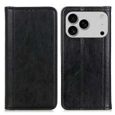 A-One Brand - iPhone 17 Pro Max Plånboksfodral Äkta Läder Litchi - Svart