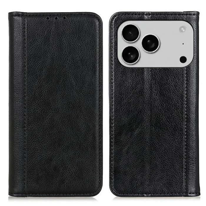 A-One Brand - iPhone 17 Pro Max Plånboksfodral Äkta Läder Litchi - Svart