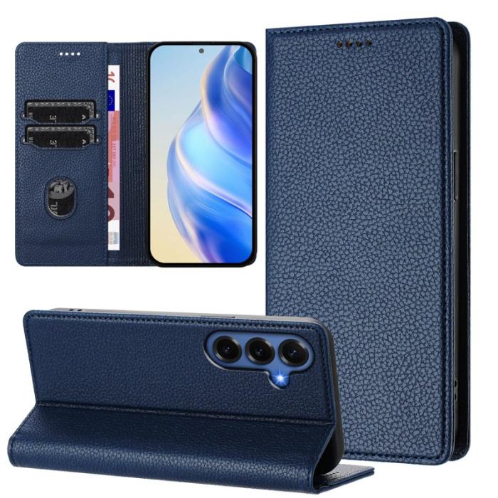 OEM - Litchi Samsung Galaxy S26 Plus Fodral Äkta Läder RFID Skydd - Mörkblå