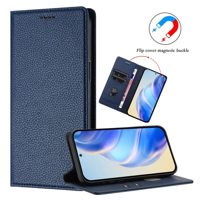 OEM - Litchi Samsung Galaxy S26 Plus Fodral Äkta Läder RFID Skydd - Mörkblå