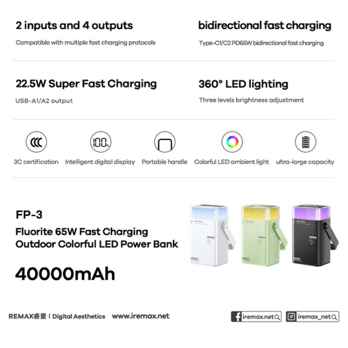 Remax - REMAX Powerbank 40000mAh 65W FP-3 Outdoor LED - Grön