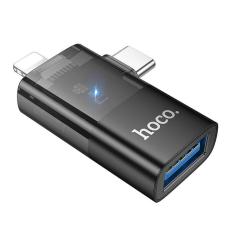 Hoco - Hoco 2-i-1 OTG Adapter USB-A Till Lightning/USB-C UA36E - Svart