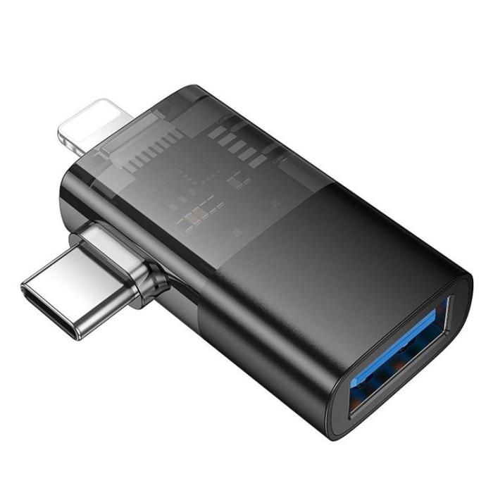 Hoco - Hoco 2-i-1 OTG Adapter USB-A Till Lightning/USB-C UA36E - Svart