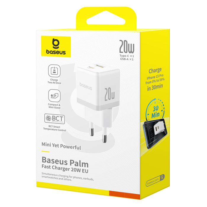 BASEUS - Baseus Snabbladdare USB-C - USB-A 20W Palm - Vit