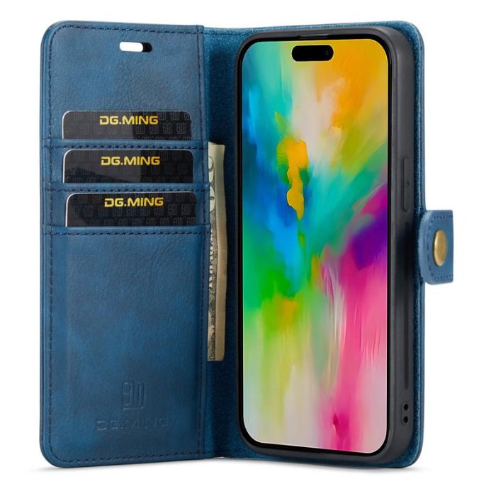 DG.MING - DG.MING iPhone 16 Pro Plånboksfodral Äkta Läder Avtagbart - Blå