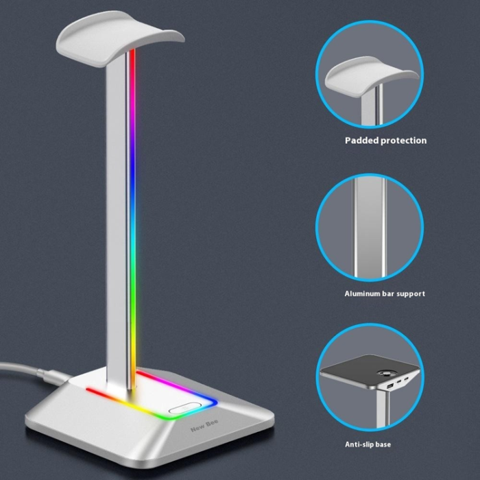 A-One Brand - NEW BEE RGB-Ljus Hörlursställ med USB, Typ-C Expansionshub Z8 - Silver