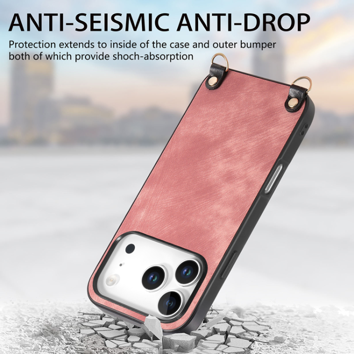 A-One Brand - iPhone 17 Pro Mobilskal med Justerbar Rem Retro Läder - Rosa