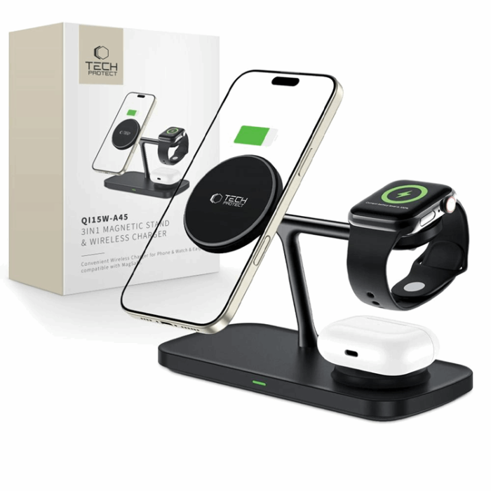 Tech-Protect - 3-in-1 Magsafe Trådlös Laddare iPhone, Apple Watch, AirPods Qi 15W