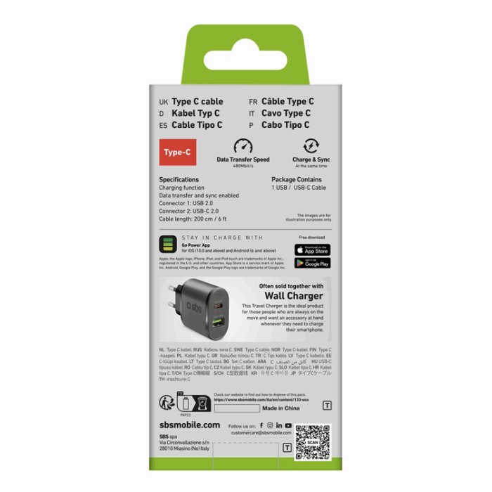SBS - SBS USB-A - USB-C Kabel 2m - Svart