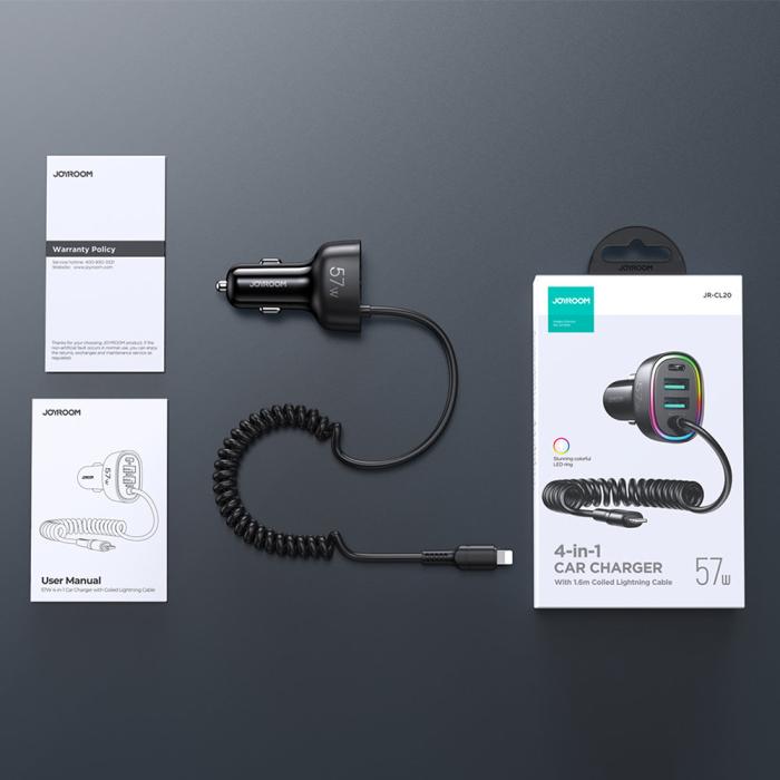 Joyroom - Joyroom 4 i 1 Billaddare med Lightning Kabel 1.6m - Svart