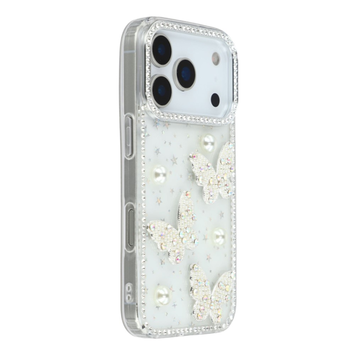 A-One Brand - iPhone 17 Pro Max Mobilskal Rhinestone Edge Pearl Butterfly